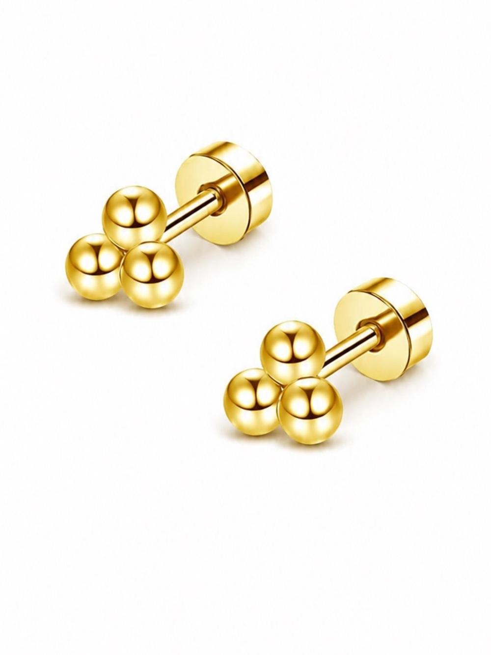 Gold Triple Ball Flat Back Stud Earrings Minimalist Cartilage Lobe Jewelry